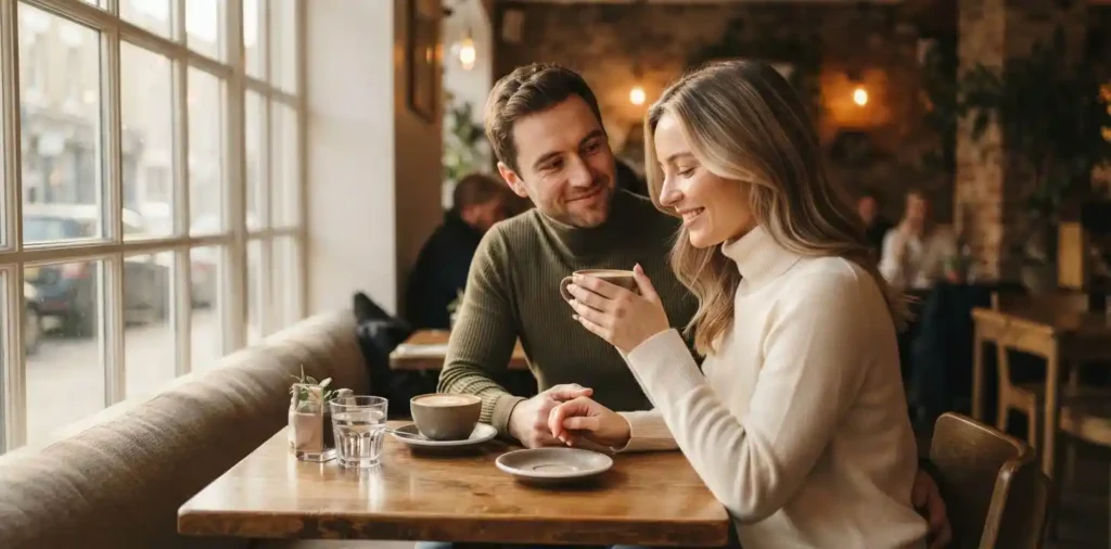 Couple sharing coffee by a sunlit window