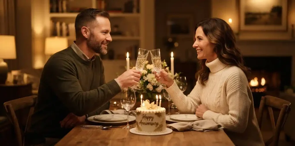 Couple celebrating an anniversary dinner at home