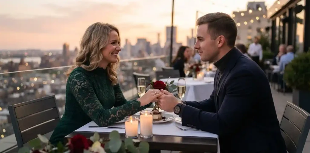 Husband and wife celebrating anniversary at dinner