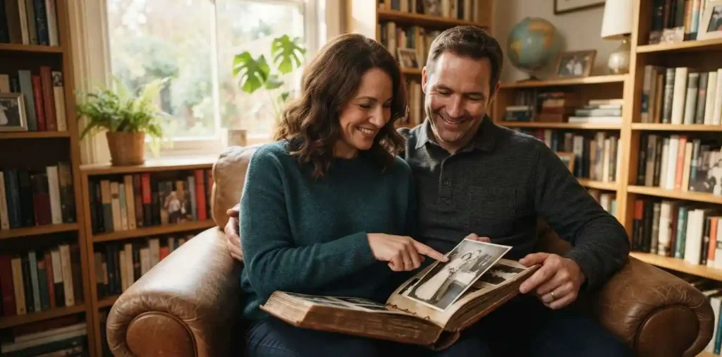 Couple reminiscing over wedding photographs together