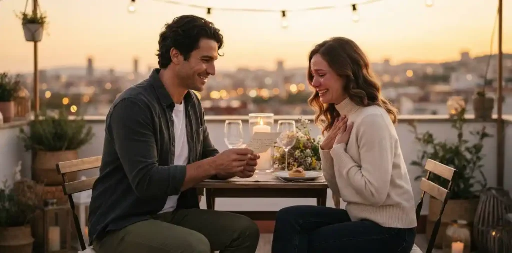 Couple celebrating their anniversary with a candlelit dinner