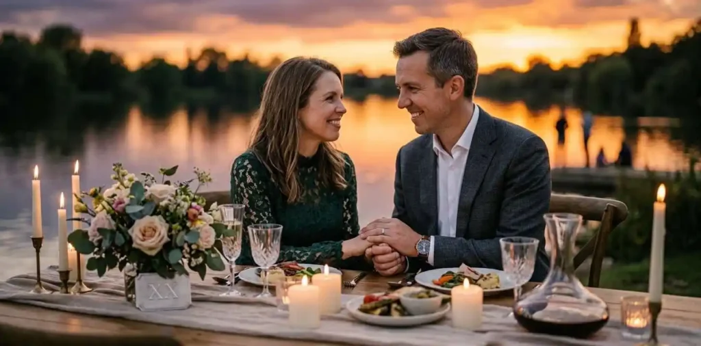 Couple celebrating their anniversary beside a lakeside table