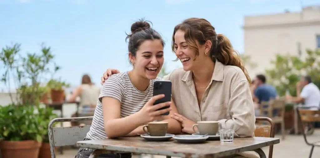 Sisters taking a casual photo together outdoors