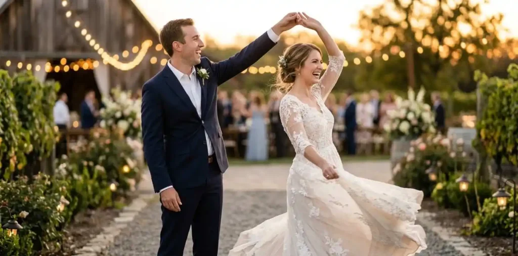 Bride and groom laughing outside their wedding venue