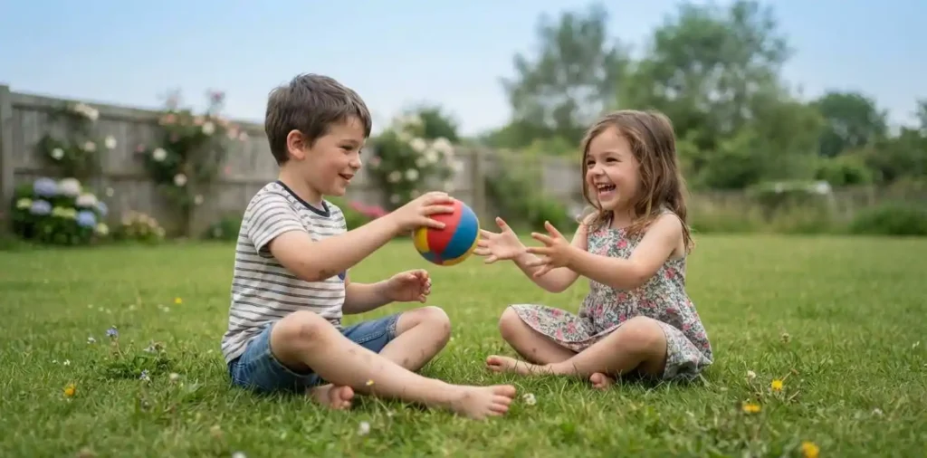 Young brother and sister playing together outside