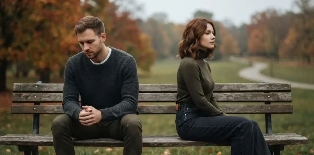 Couple sitting apart during a tense conversation