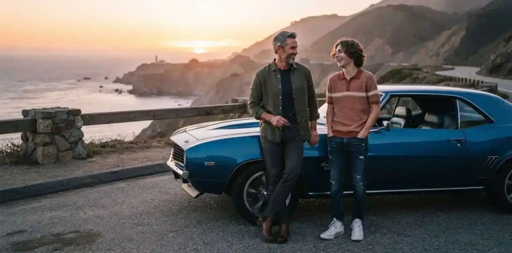 Stylish father and son enjoying a weekend road trip