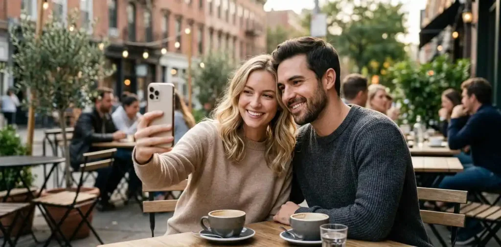 Couple smiling together during a casual outdoor selfie