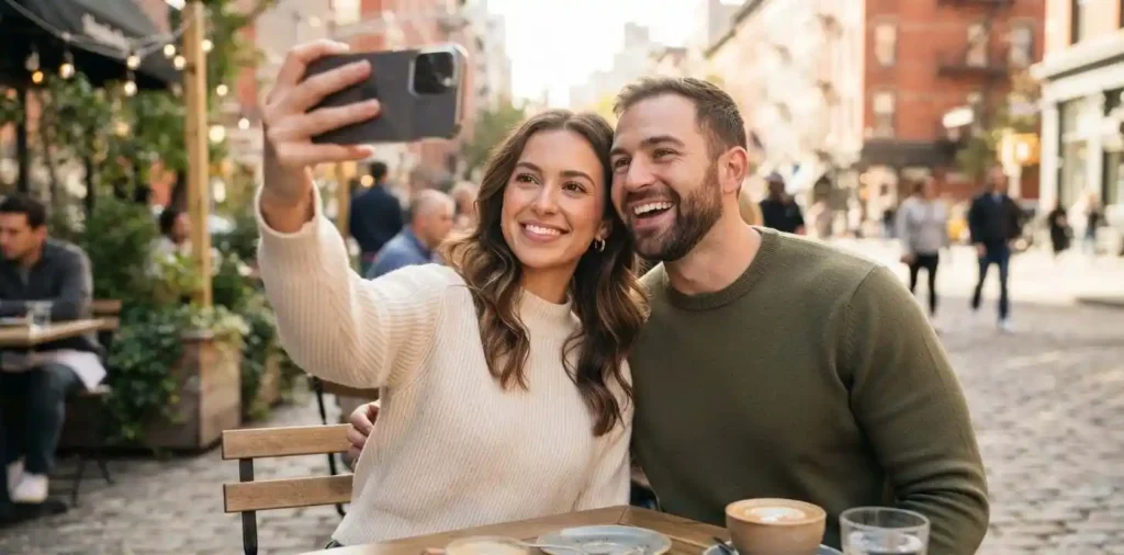 Couple smiling together while taking a casual selfie