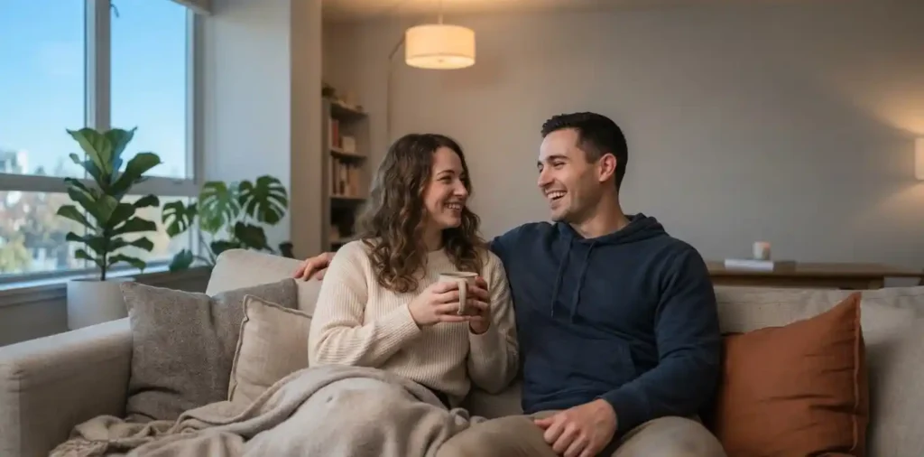 Alt Text: Couple relaxing together in a cozy room