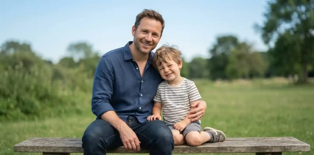 Father and son smiling together outdoors