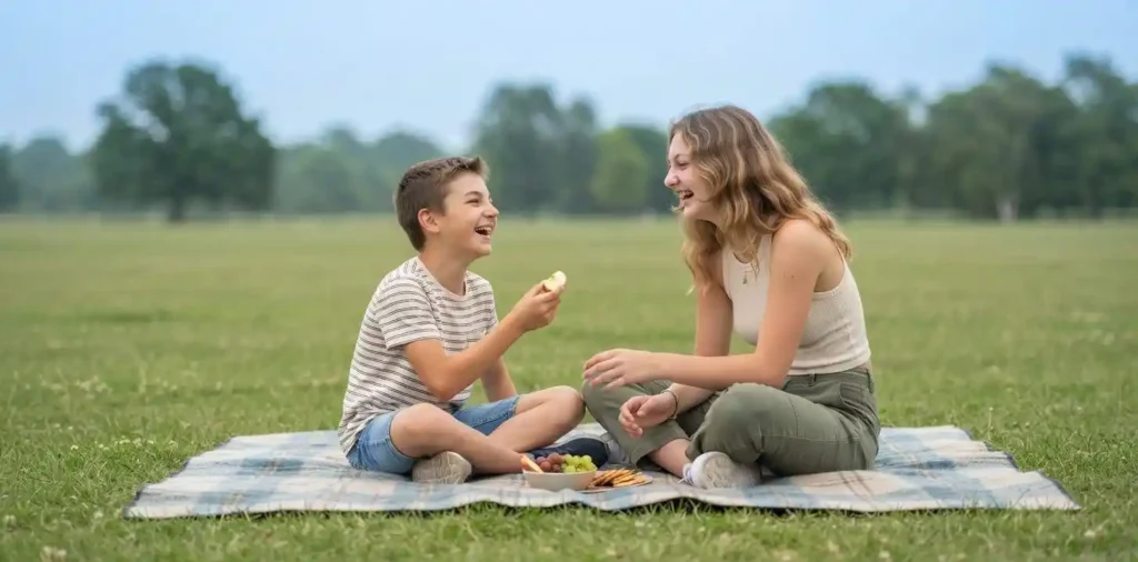 iblings laughing together in a simple park
