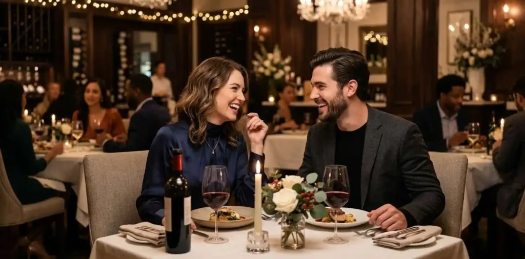 Couple enjoying dinner together at an elegant restaurant