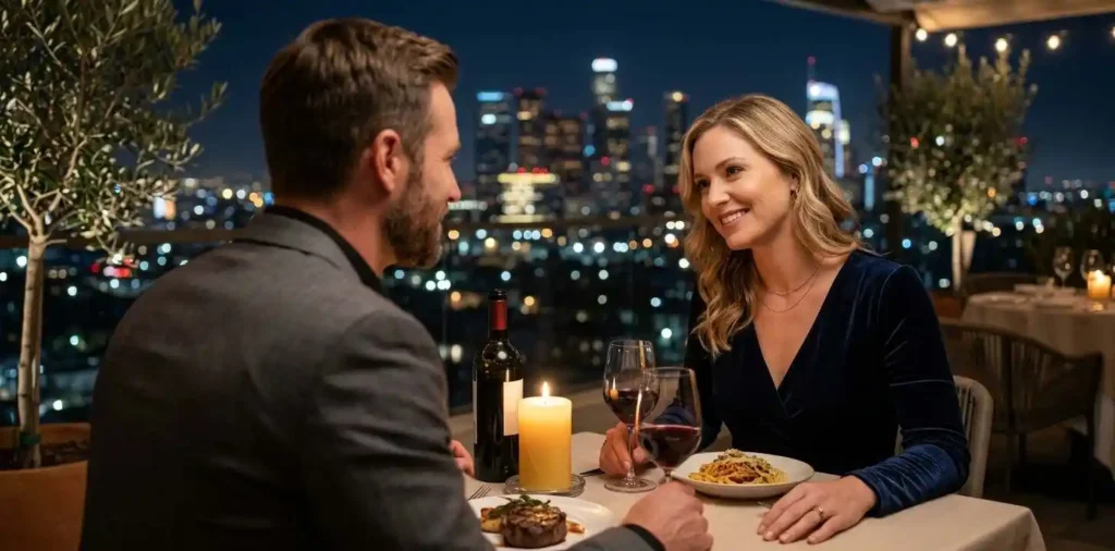 Married couple enjoying a romantic rooftop dinner