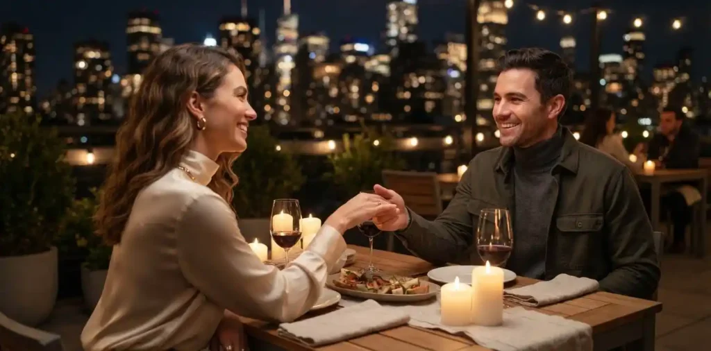 Couple enjoying a romantic rooftop dinner together