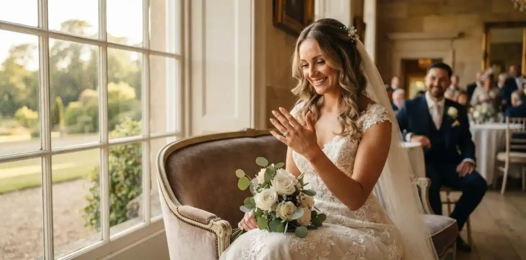 Elegant bride displaying wedding ring outdoors