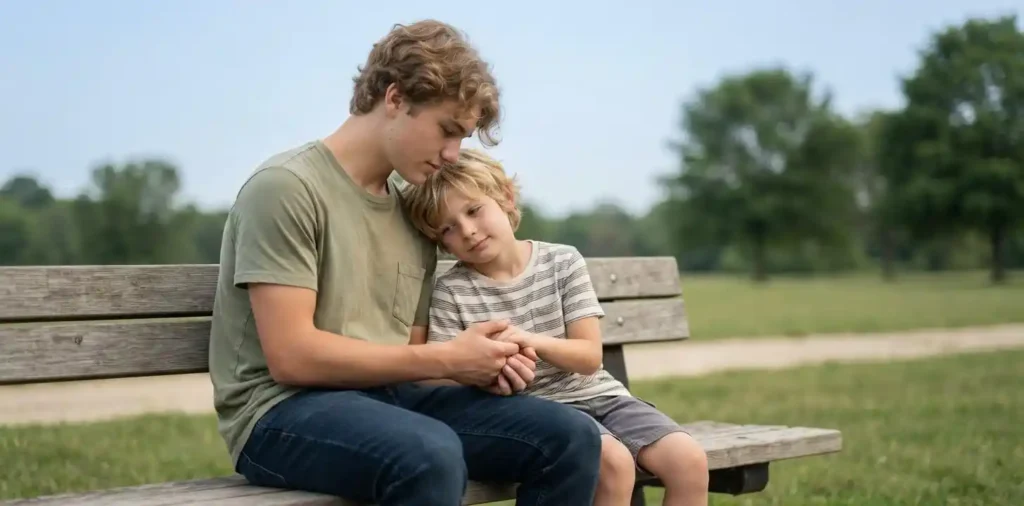 Older brother comforting younger sibling outdoors
