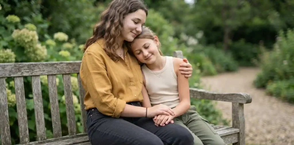 Sisters sharing a warm emotional moment outdoors