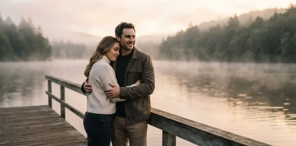 Couple sharing an emotional embrace by the lake