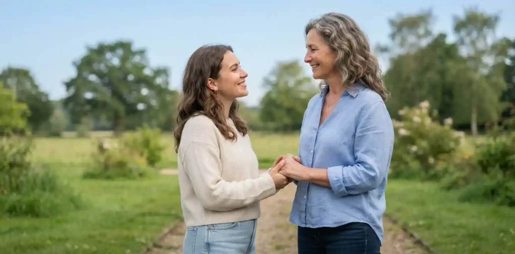 Mother and daughter sharing a loving outdoor moment