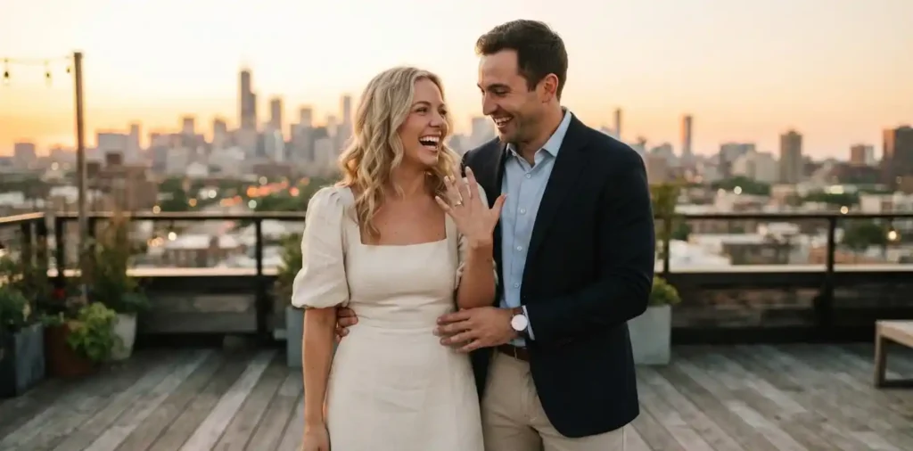 Newly engaged couple showing their happiness together