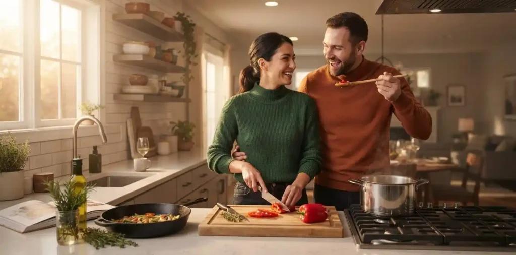 Married couple cooking dinner together at home