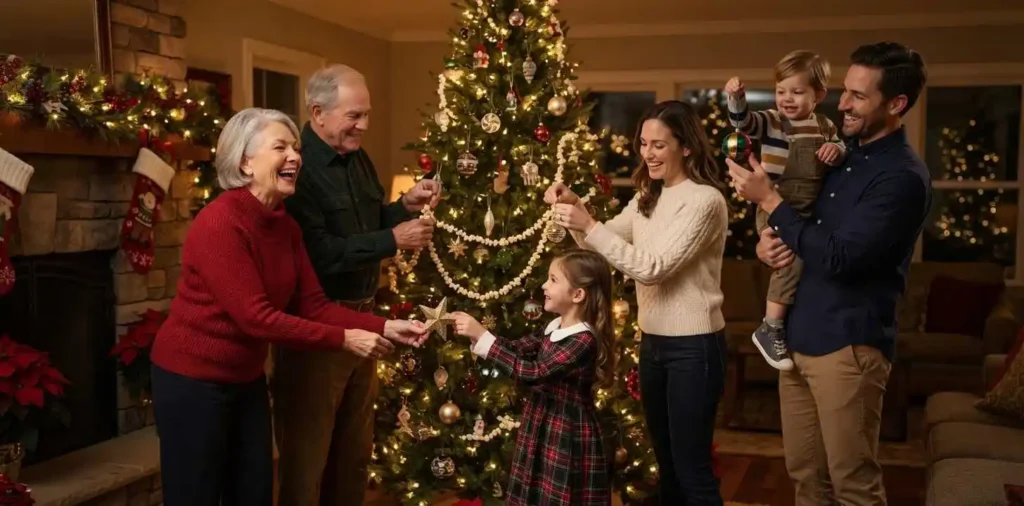 Family decorating their home together for the holidays
