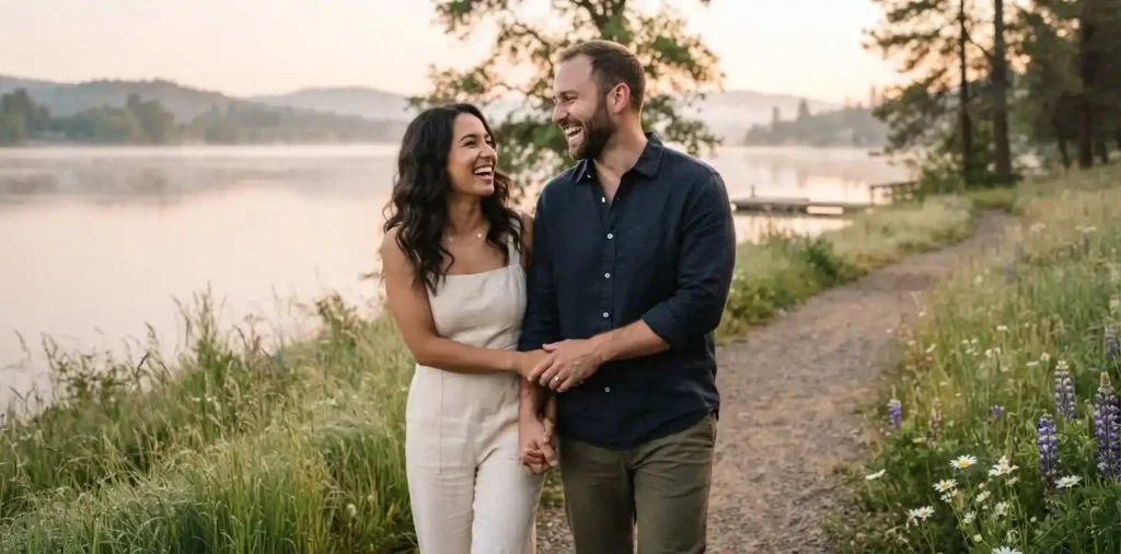 Fiancé and fiancée walking together outdoors