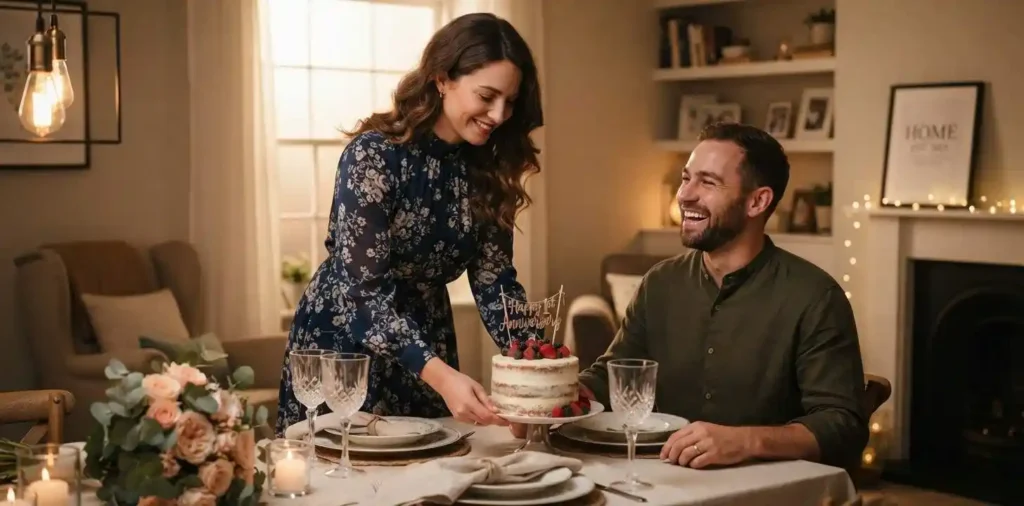 Wife surprising husband with anniversary dinner at home