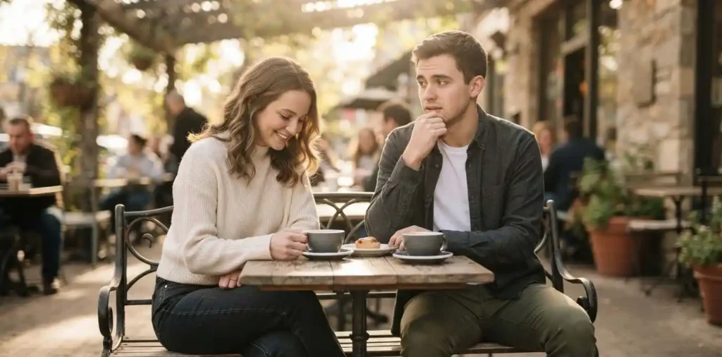 Young couple sharing a shy smile outdoors