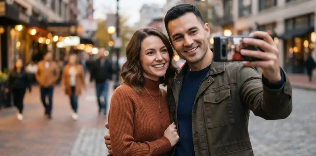 Couple taking a cheerful selfie together outdoors