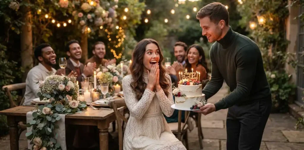 Boyfriend surprising girlfriend with birthday cake