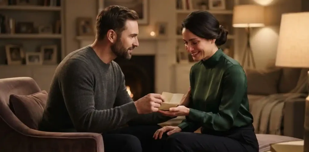 Spouse receiving a thoughtful handwritten note at home