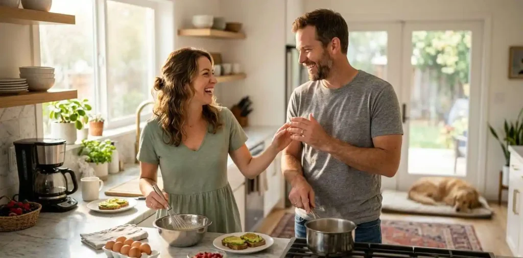 Married couple laughing together in their cozy kitchen