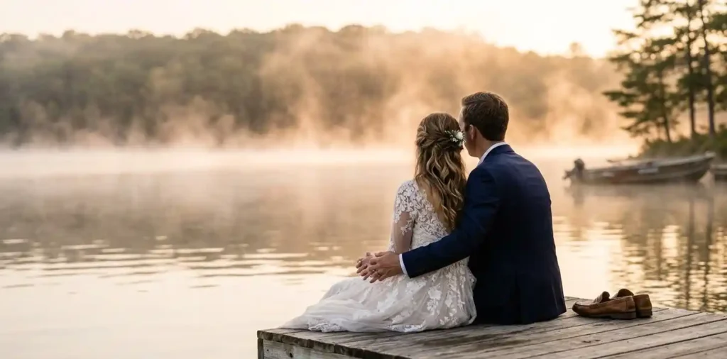 Married couple holding hands beside a quiet lake