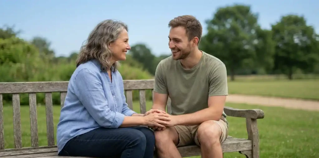 Mother and son sharing a heartfelt outdoor moment