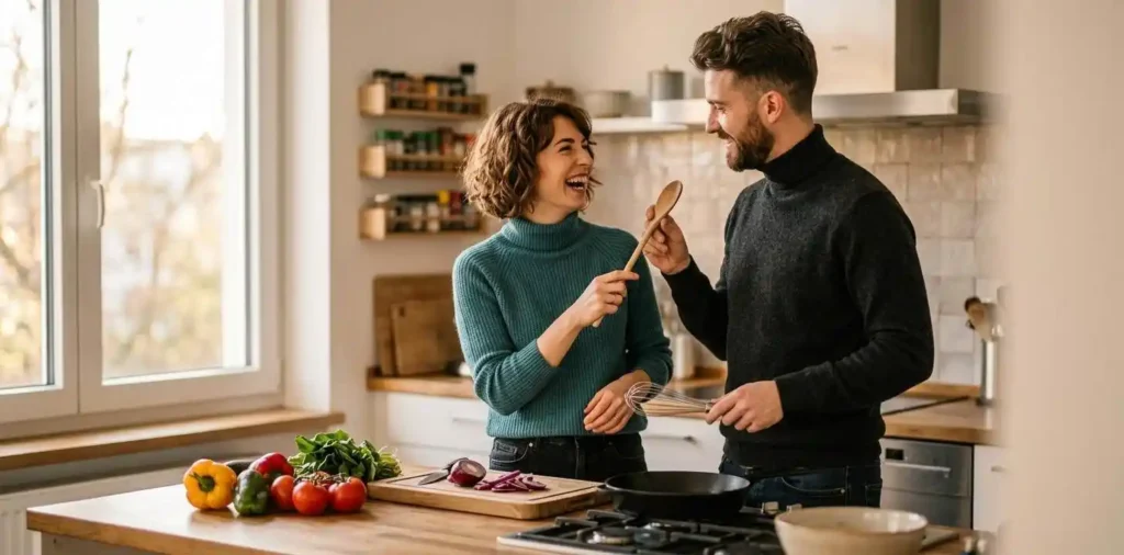 Married couple laughing together while cooking dinner