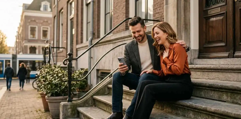 Husband and wife laughing together on city steps