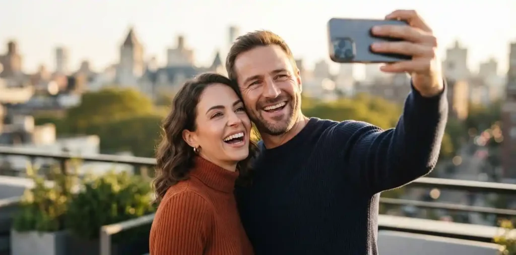 Couple smiling together during an outdoor selfie