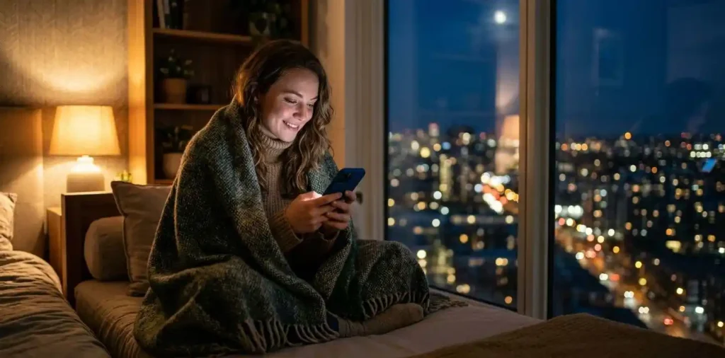 Young woman smiling at phone late at night