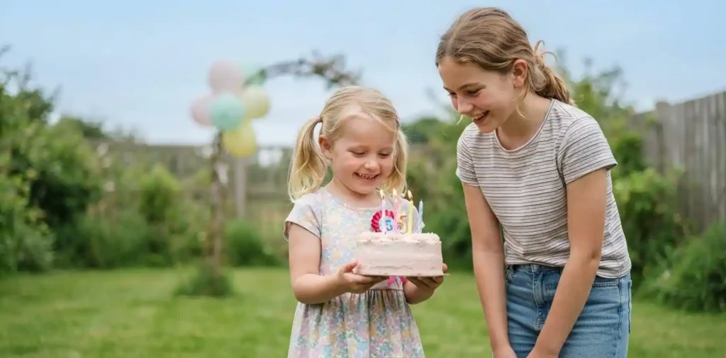 Little sister celebrating birthday with her sibling