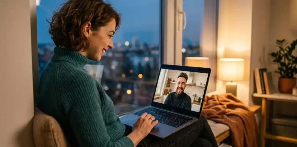 Woman smiling during a video call with partner