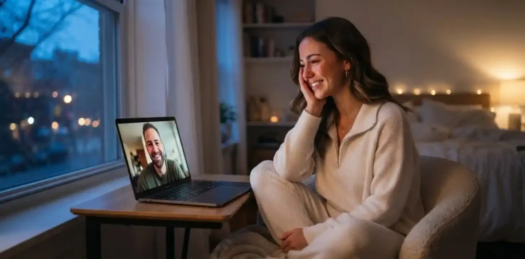 Woman smiling during a heartfelt video call at home