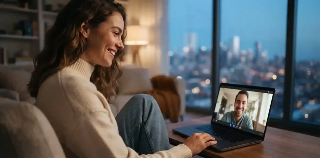 Woman smiling during a video call with partner