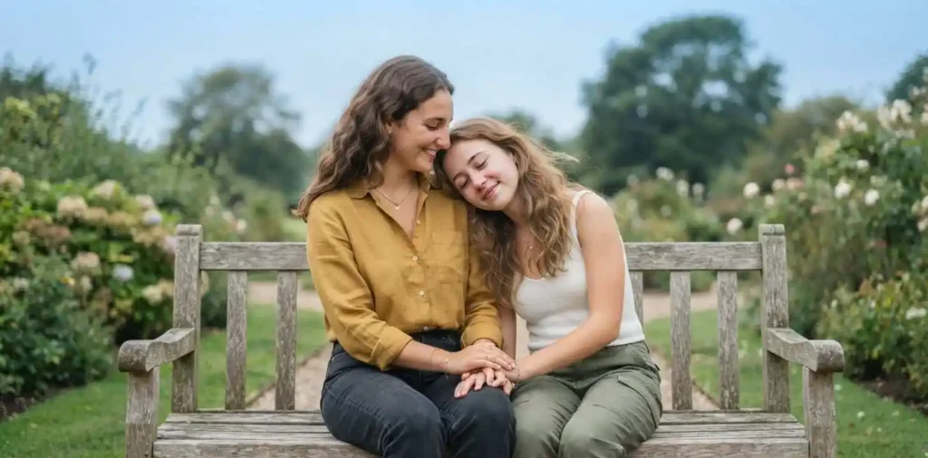 Two sisters sharing a sweet outdoor moment
