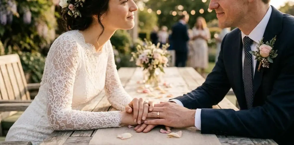 Newlyweds showing their wedding rings together