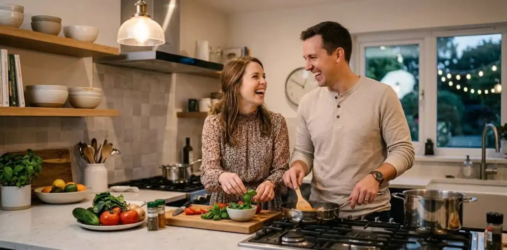 Married couple laughing together in a cozy kitchen