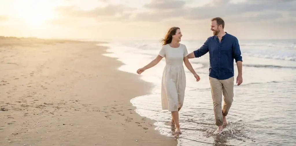 Married couple laughing together on a sunny beach