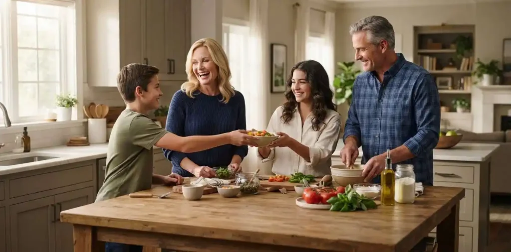 Family sharing laughter during a cozy weekend gathering