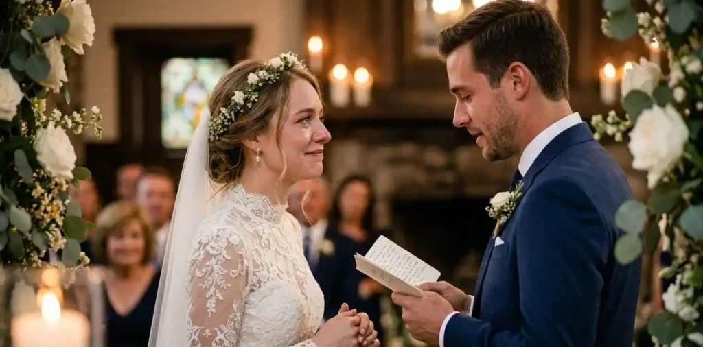 Bride listening emotionally during intimate wedding vows